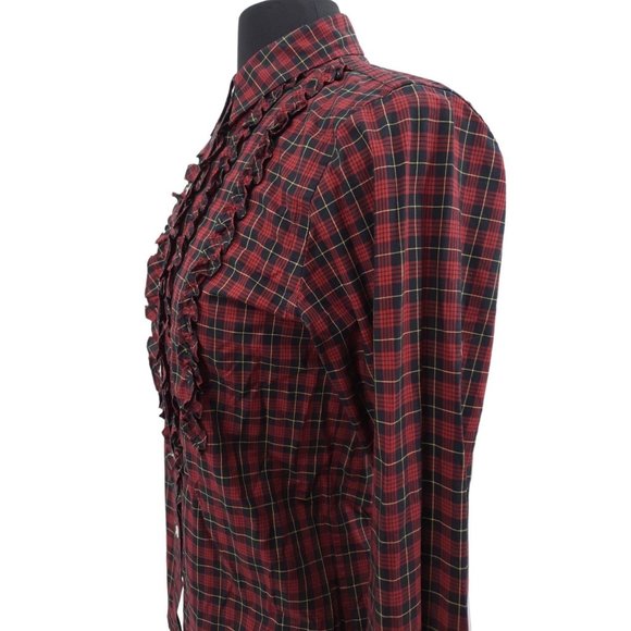 VTG 90s Lauren Ralph Lauren Red Plaid Ruffled Button Up Long Sleeve Top S Petite - Picture 7 of 9